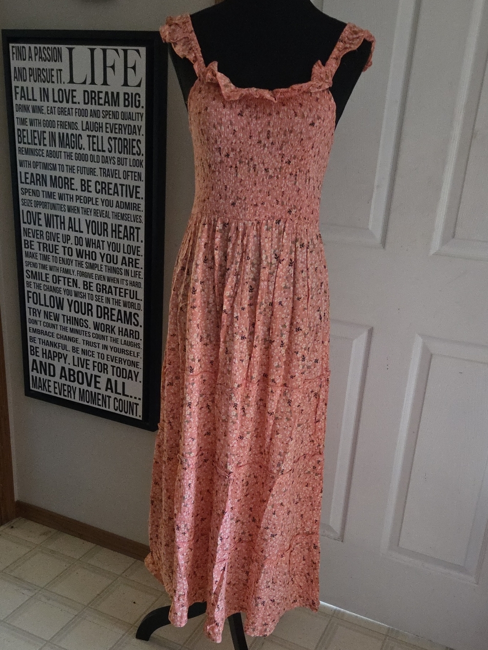 Papa Vancouver Smocked Ruffle-Strap Midi Dress in Peach Floral